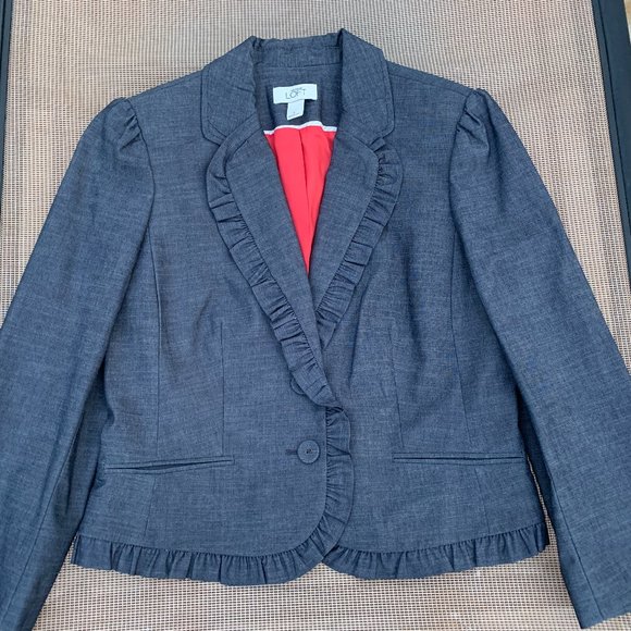 LOFT Jackets & Blazers - Loft Blue Chambray Ruffle Blazer Jacket sz 6